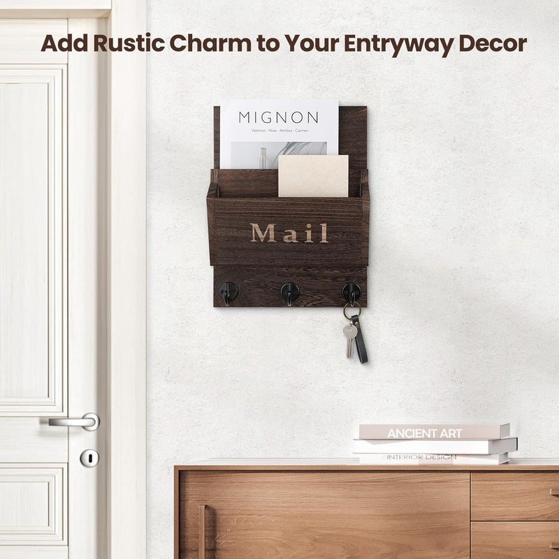 Lucundm Mail and Key Holder - Decorative 9.8" x 12.5" Wall Key Hanger with 2 Mail Organizer Slots and 3 Hooks - Real Paulownia Wood with Keyhole Brackets, Hardware and Instructions (Brown) - Image 5